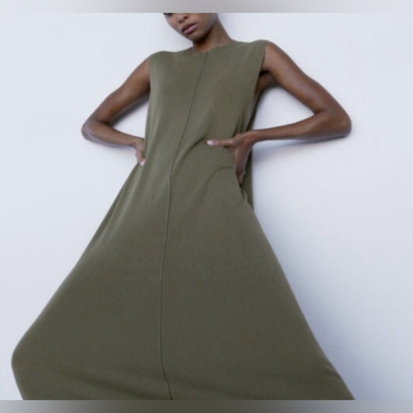 Women’s ZARA oversized kaki green knit deep‎ V open back maxi dress Size small - Picture 6 of 15